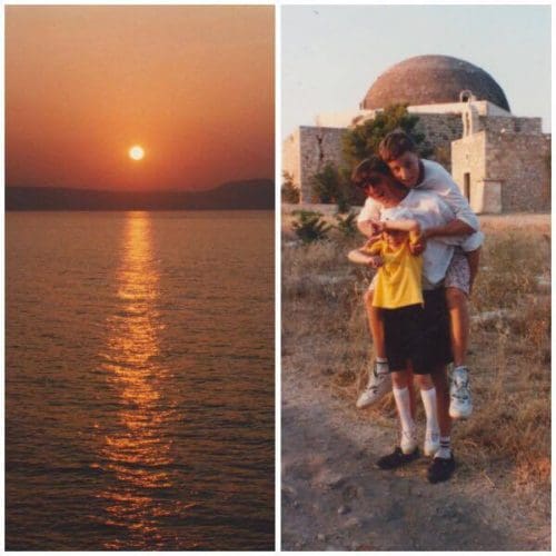 2 photos; a sunset over the sea from the fort and a photo of Rosie, James and Jonathan together in Crete, Greece