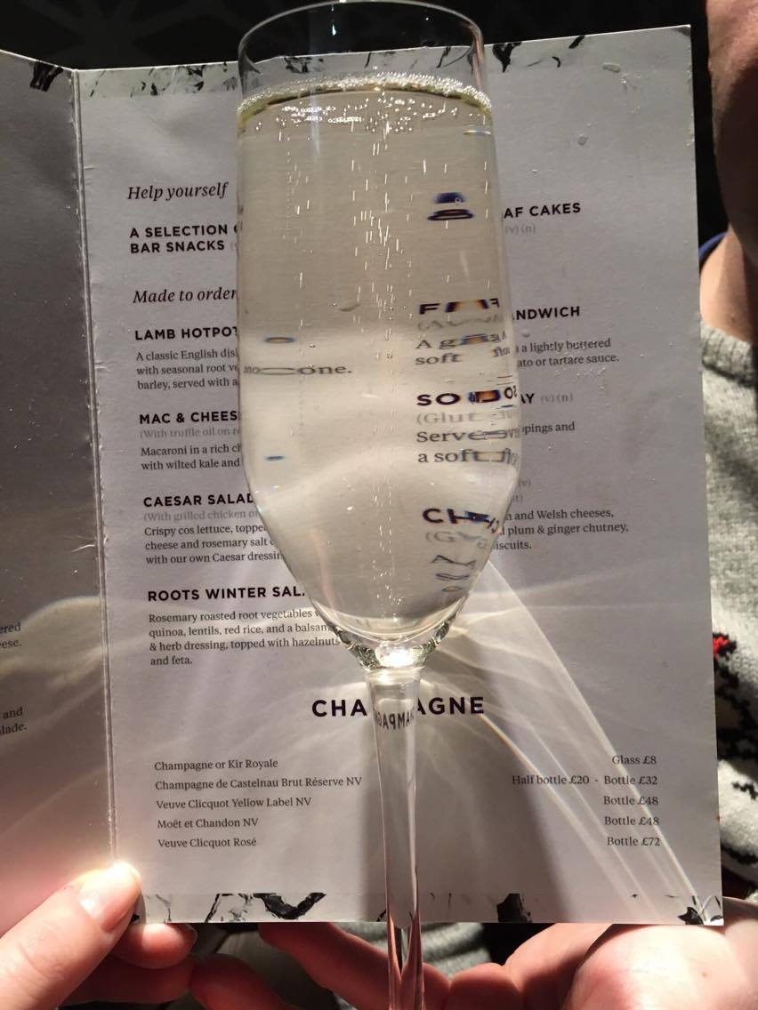 A glass of prosecco against a menu