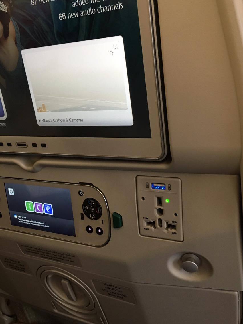 Seat back power plug socket and USB socket Emirates Airbus A380 economy