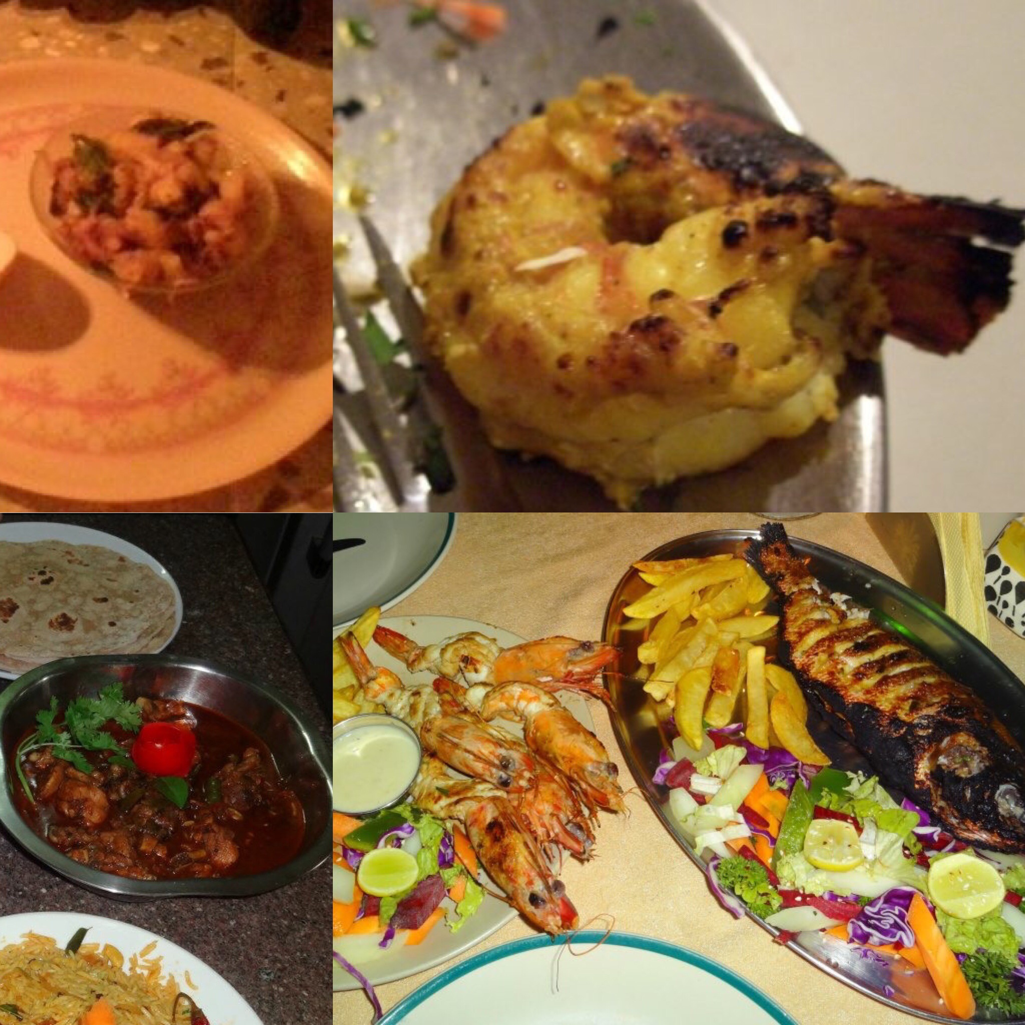 4 pictures of Indian food, including grilled prawns, grilled fish, chapati, rice and salad