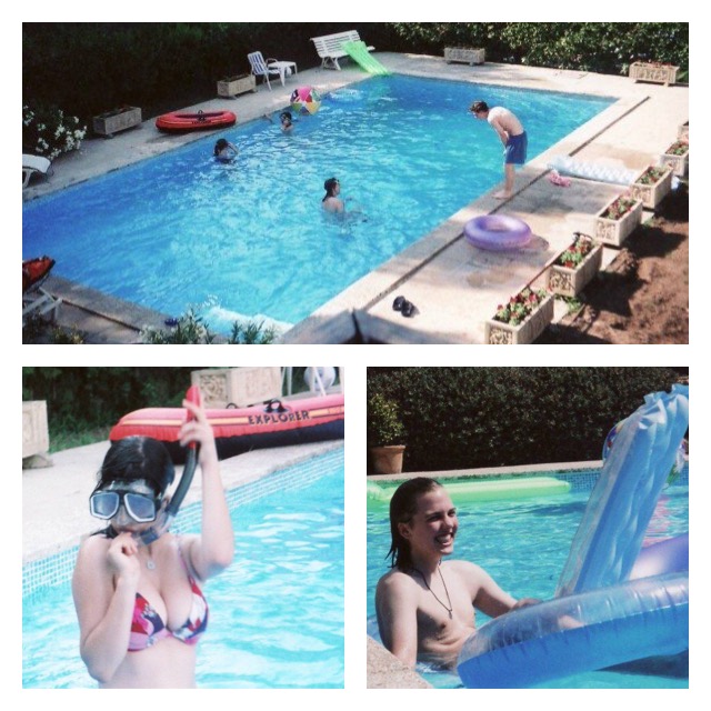 3 images, a swimming pool, a girl in a bikini holding a snorkel and mask against her face and a boy with a blue inflatable ring in a swimming pool