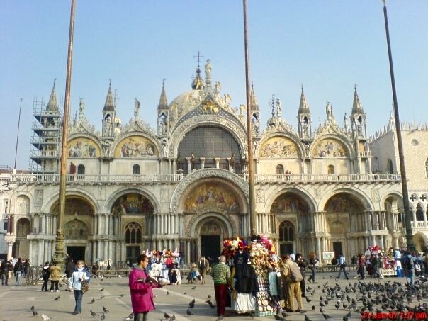 the Bzyantine western facade of St Mark's Basilica, Venice, Italy