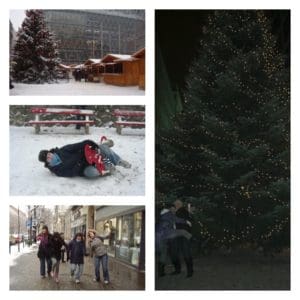 4 photos of a Christmas market, Karl on a spring rider in the snow, 4 young people including Karl walking down the street and a large Christmas tree with white lights all in Budapest, Hungary