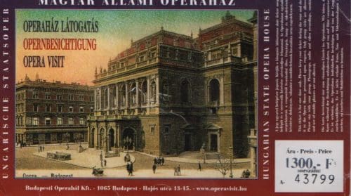 a red ticket with an illustration of the Magyar Allami Operahaz, Hungarian State Opera House, Budapest and the price 1300 Forint