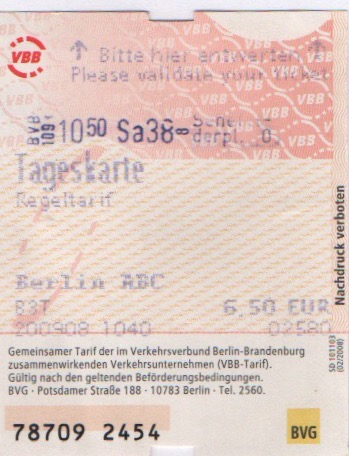 red Tageskarte daily ticket for BVG zones A, B, C, Berlin, Germany
