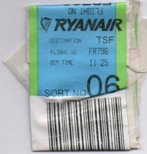 A Ryanair baggage tag with IATA airport code TSF for Treviso Airport