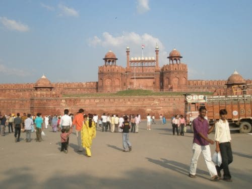 Red sandstone exterior of Lahori Gate at the Red Fort Delhi, India