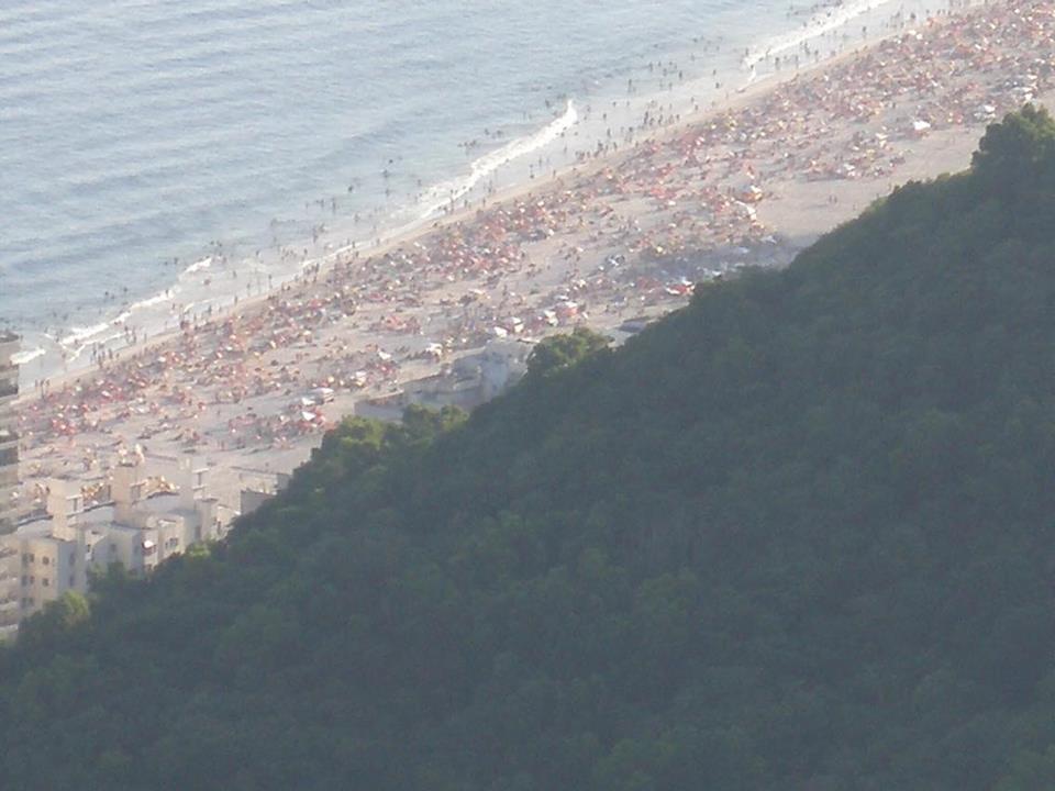 Photo of a busy beach from the hills above Rio de Janeiro