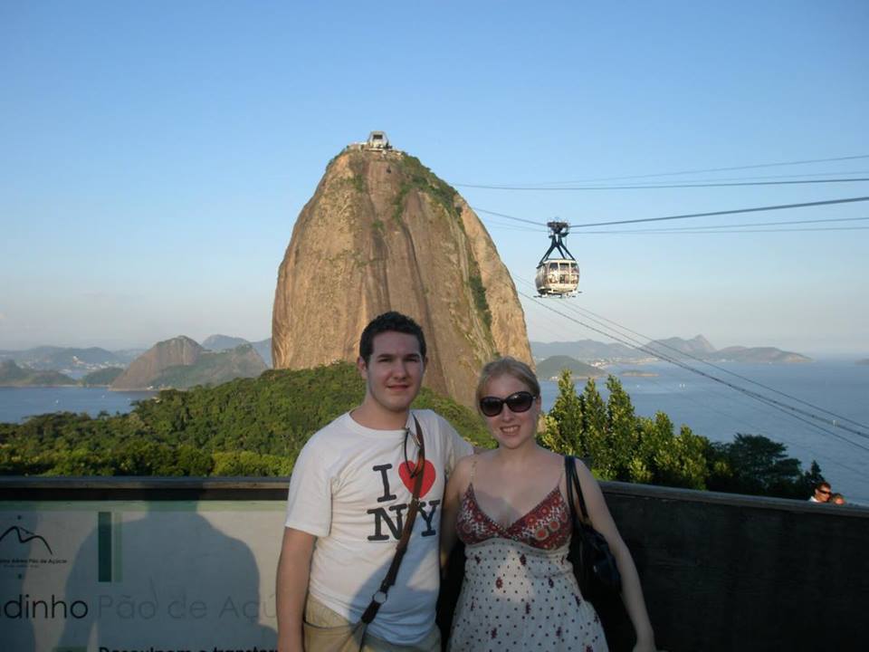 Rosie and Karl smiling in front of Sugar Loaf Mountain, Rio de Janeiro