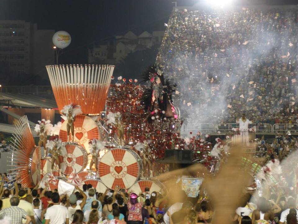 a red and white colourful parade float in the Sambadrome, Rio de Janeiro, Brazil