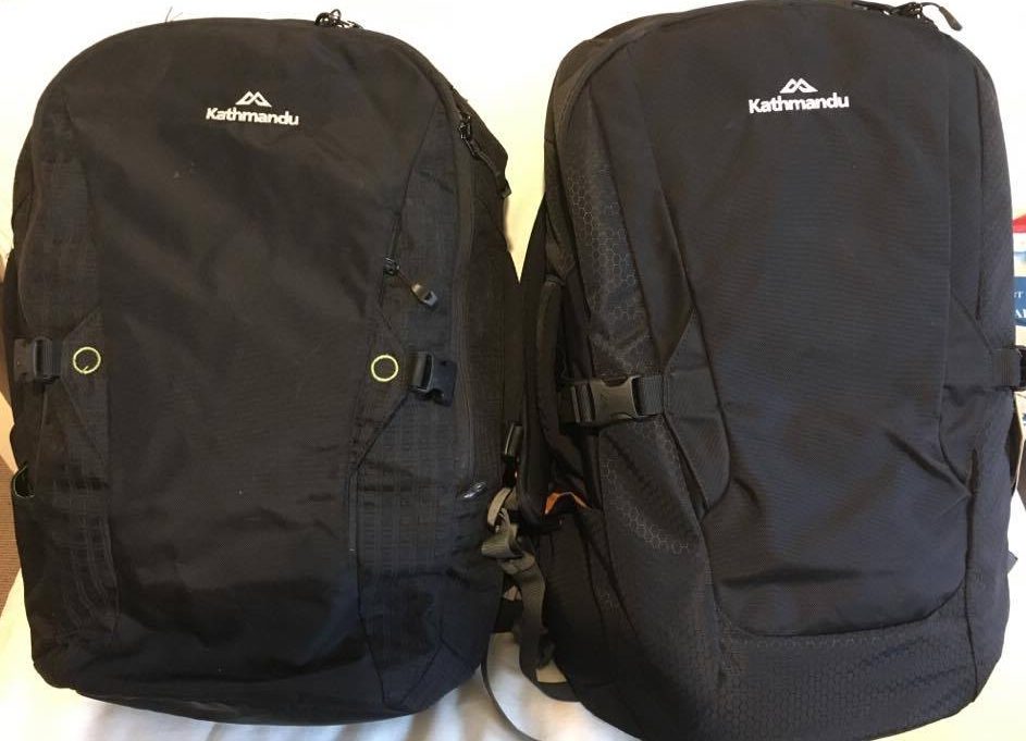 2 black backpacks Kathmandu Litehaul 38L V2 on the left and Kathmandu Litehaul 38L V3 on the right