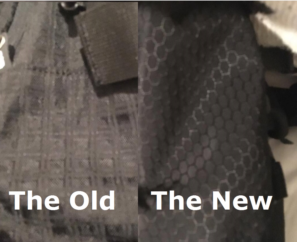 Black Kathmandu Litehaul 38L fabric comparison, old square on the left, new hexagonal on the right