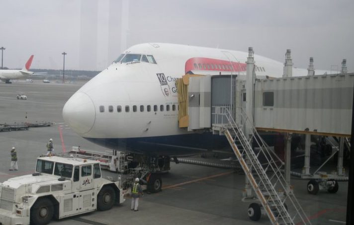 The front of a British Airways Boeing 747 plane on stand at London Heathrow Airport