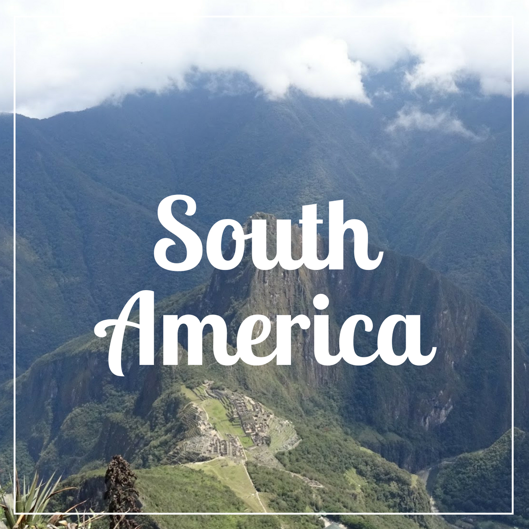 South America written over a photo of cloud covered hills overlooking Machu Picchu in Peru