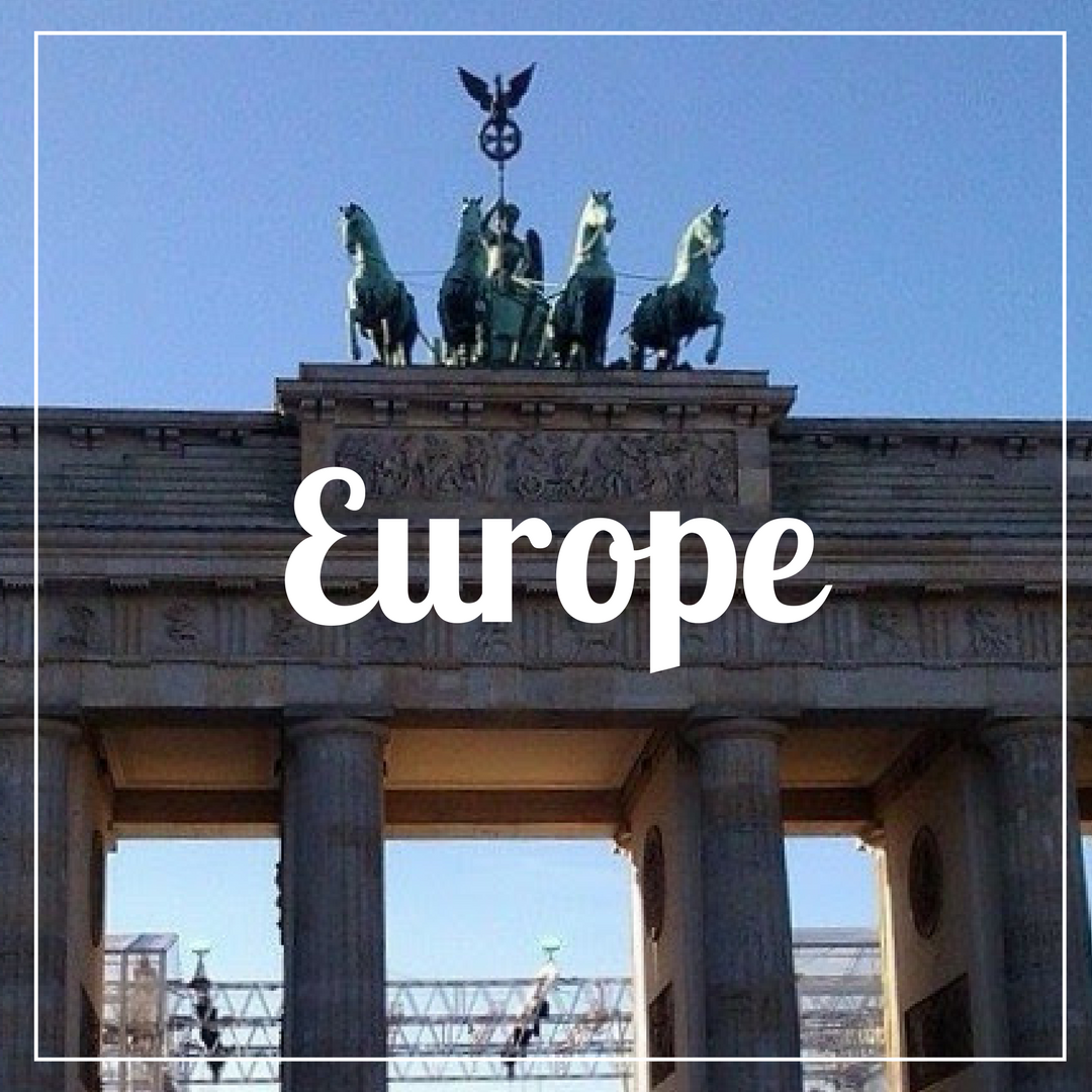 "Europe" written over a photo of Brandenburg Gate, Berlin, Germany