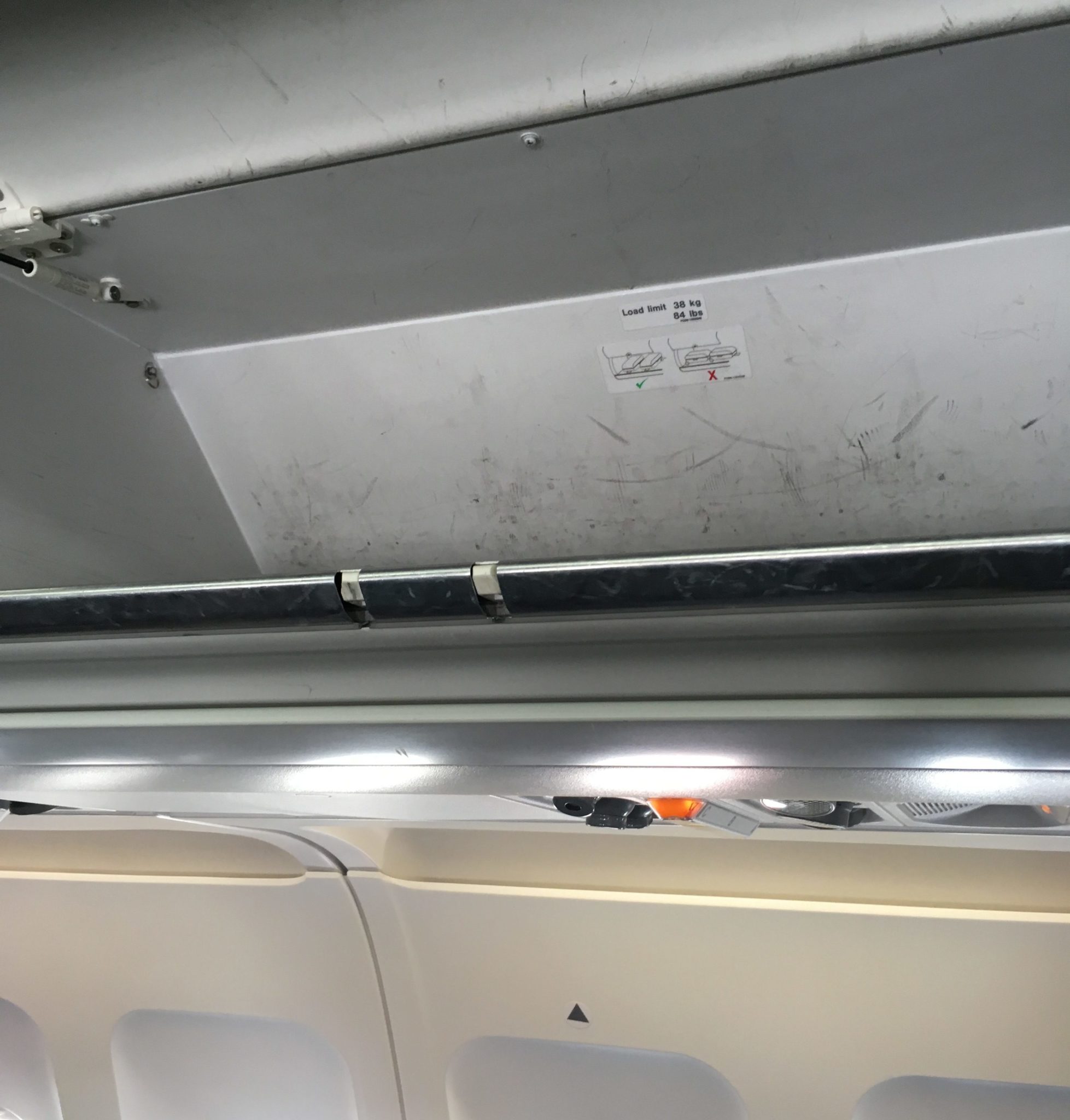 Over head lockers on a British Airways Airbus A320