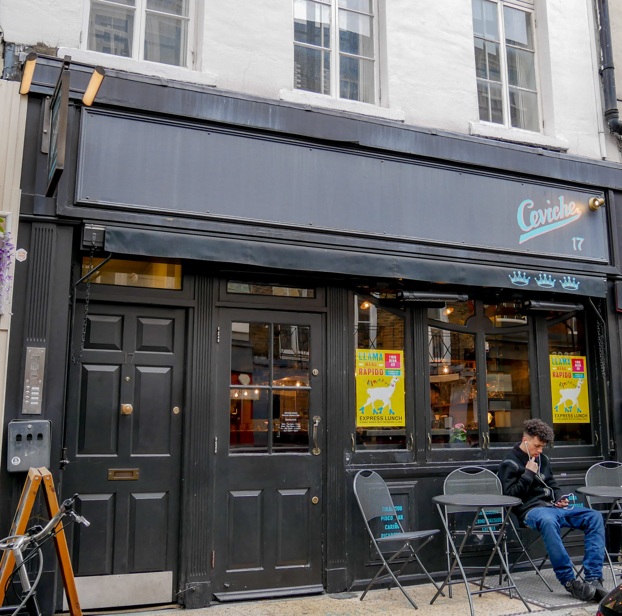 The black outside of Ceviche Peruvian restaurant, 17 Frith Street, Soho, London
