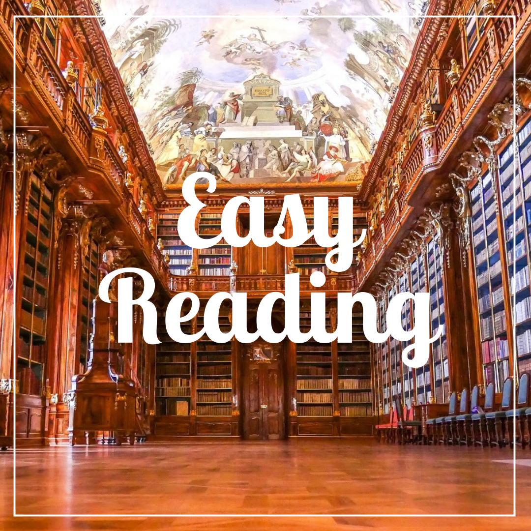 "Easy Reading" written over a photo of a decadent wooden library