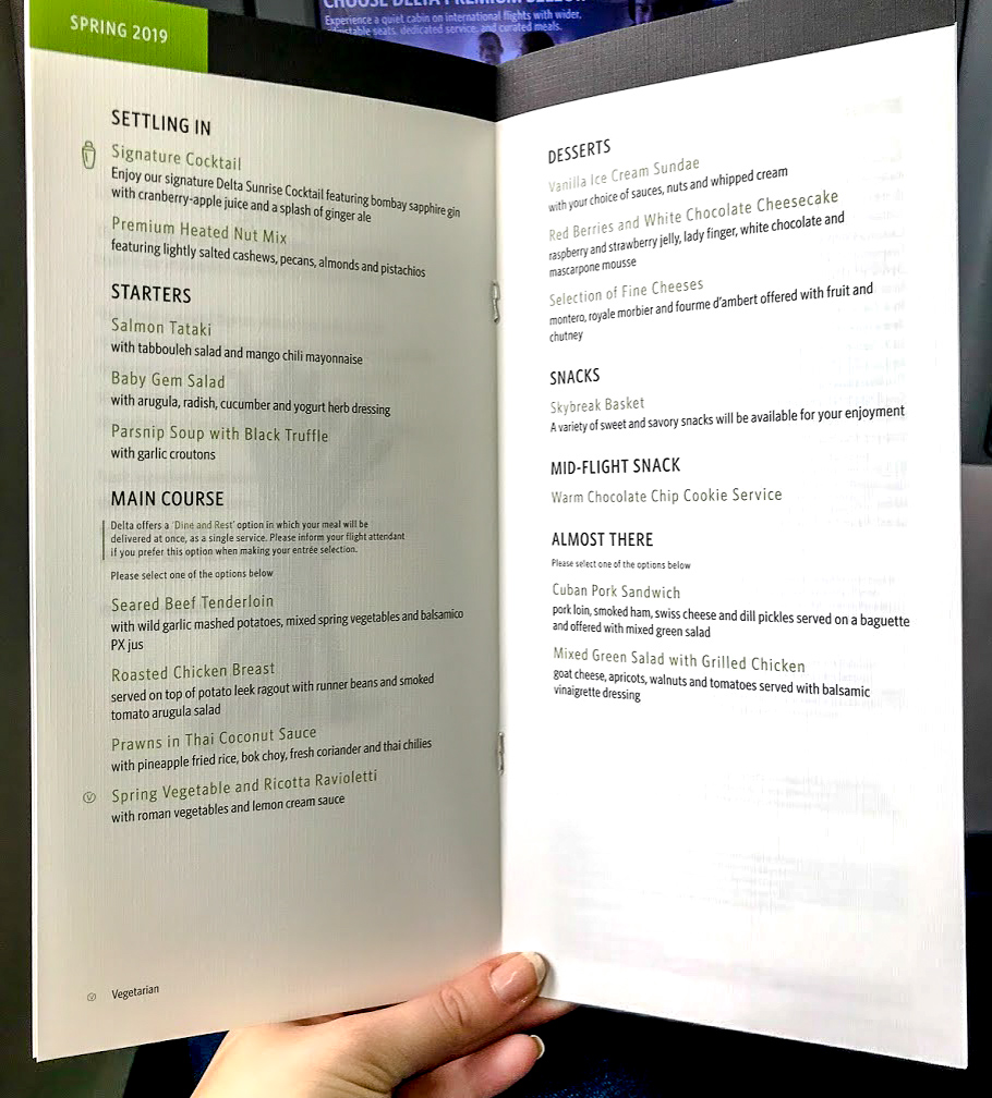 food and drinks menu on Delta One Delta Air Lines