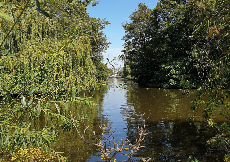 A view along the length of the lake, through Western Island in St James's Park