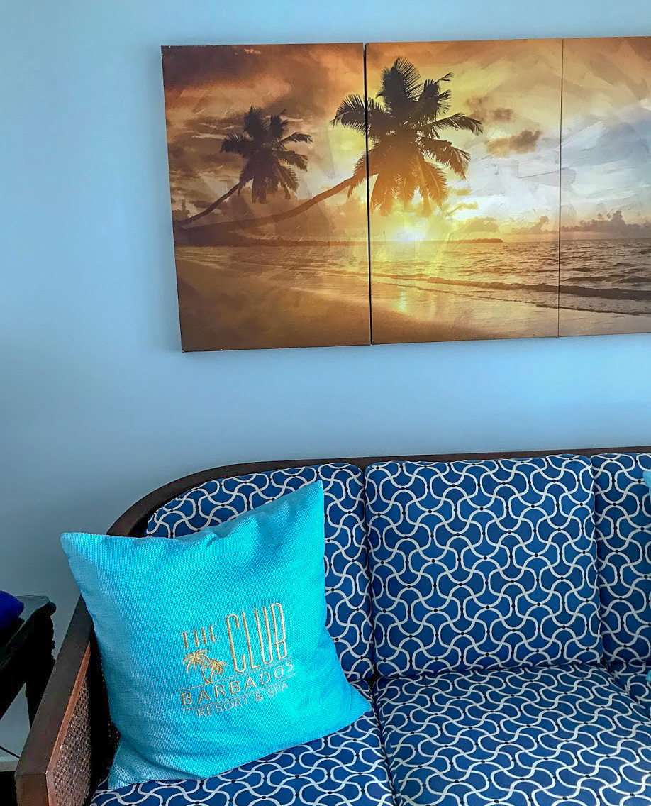 A heavily patterned sofa with a light blue cushion and a sunset picture above it