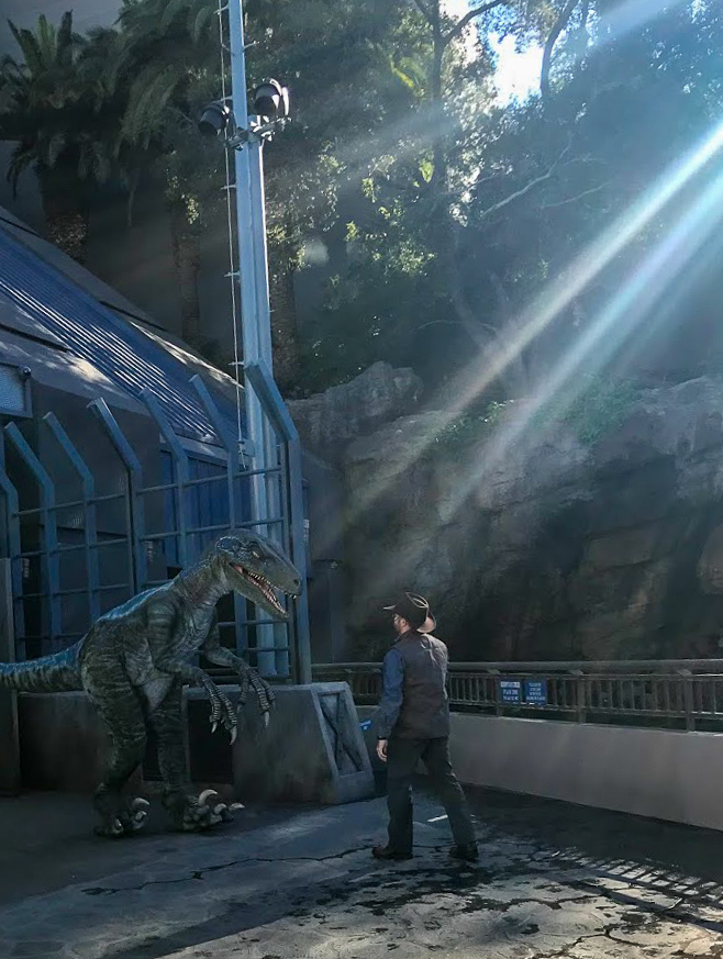 A dinosaur wrangler walks a velociraptor back into its enclosure