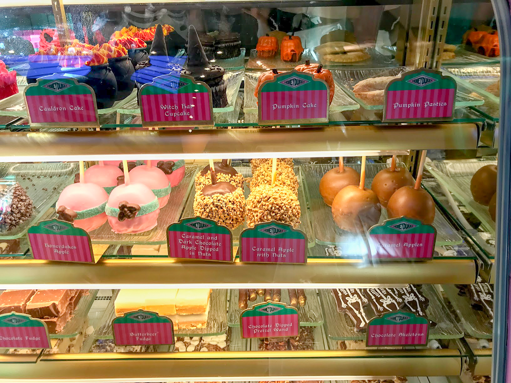 Sweet treats in Honeydukes including toffee apples and brownies
