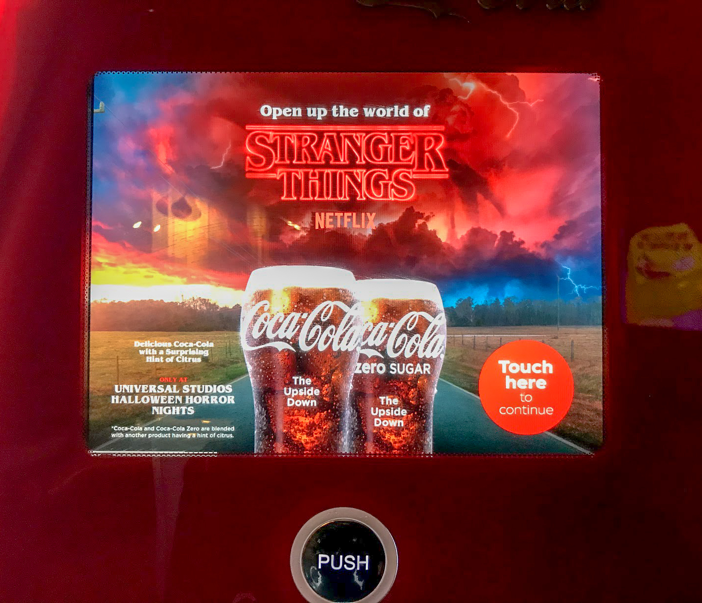 The screen on the Coco-Cola freestyle machine advertises special Coke for Stranger Things