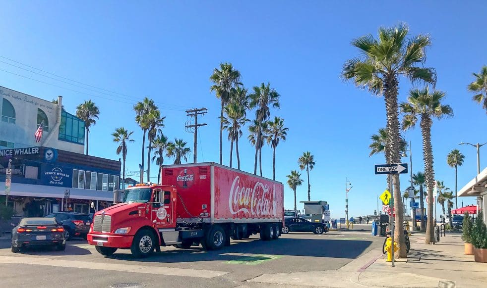 A Coca-Cola truck on a street in Venice Beach, Los Angeles