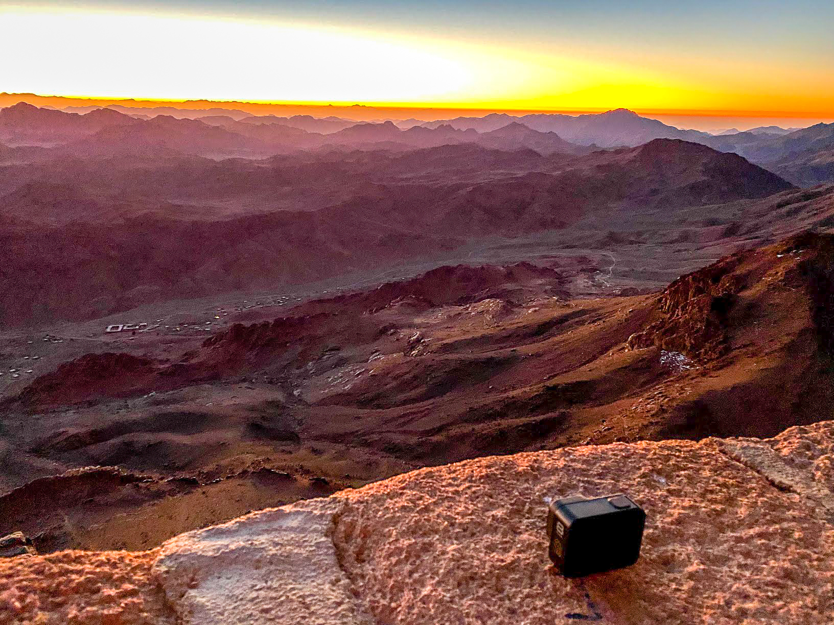 The sunrise over the mountains from the top of Mount Sinai, Egypt