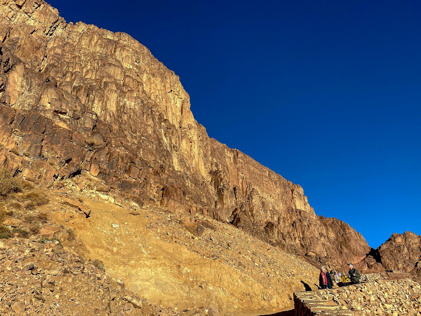 the sheer cliffs along the side of the path on Mount Sinai, Egypt
