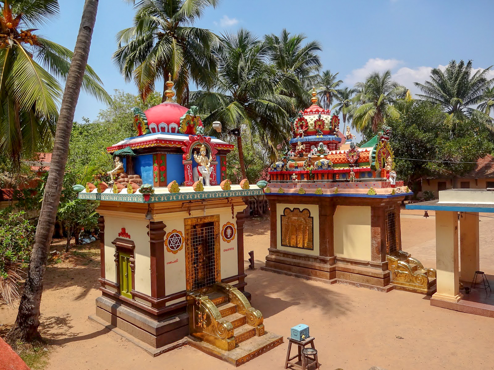 2 colourful smaller shrines at Janardanaswamy Temple, Varkala, Kerala, India