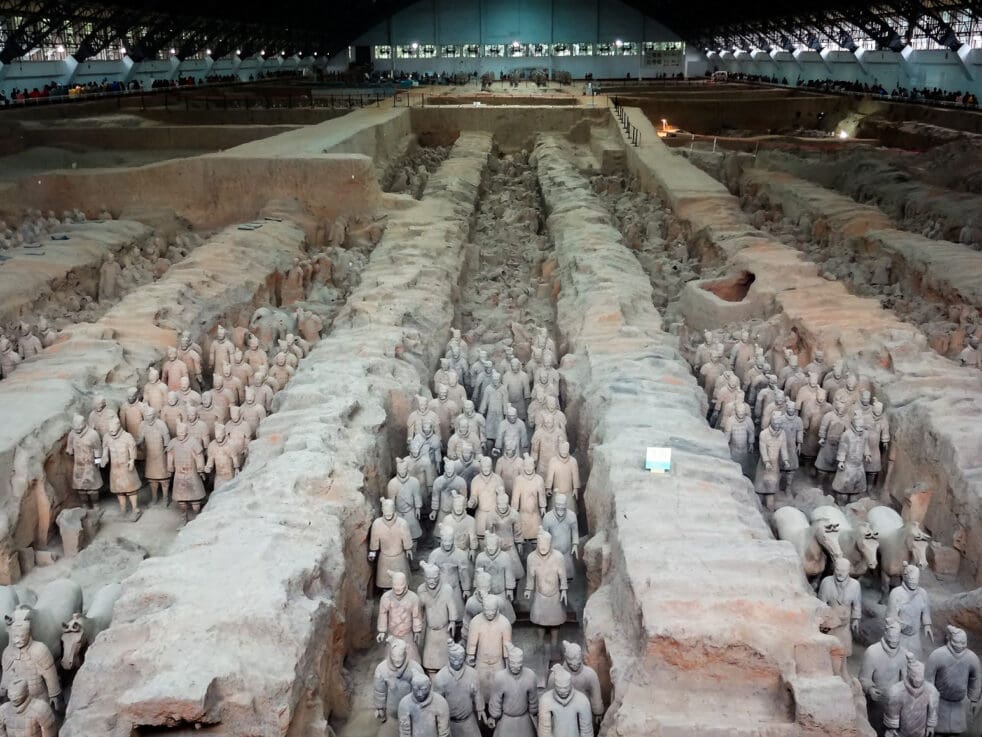 A long view of the Terracotta Warriors of the Terracotta Army inside Pit 1 at Emperor Qinshihuang's Mausoleum, Xian, China