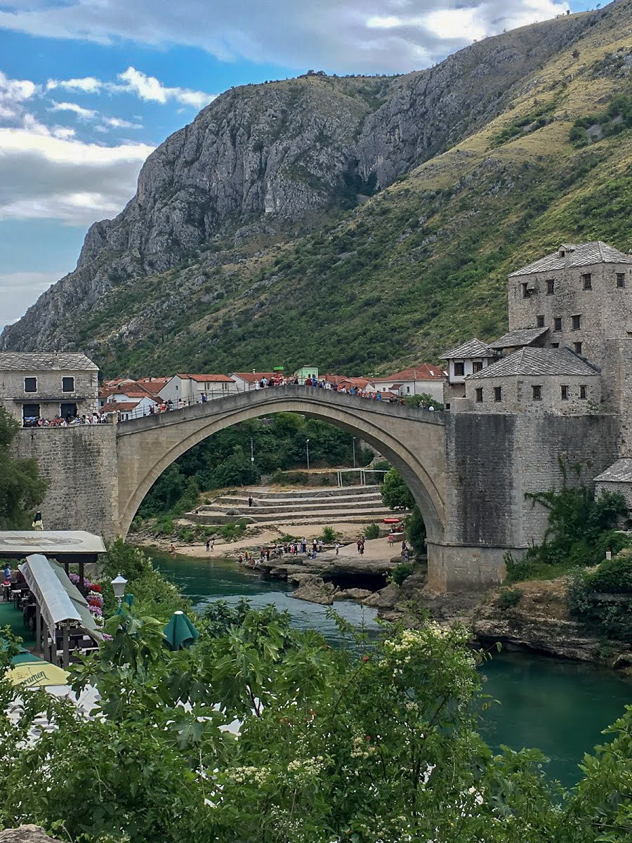 A view of Stari Most Bridge, with Hum Hill in the background, Mostar