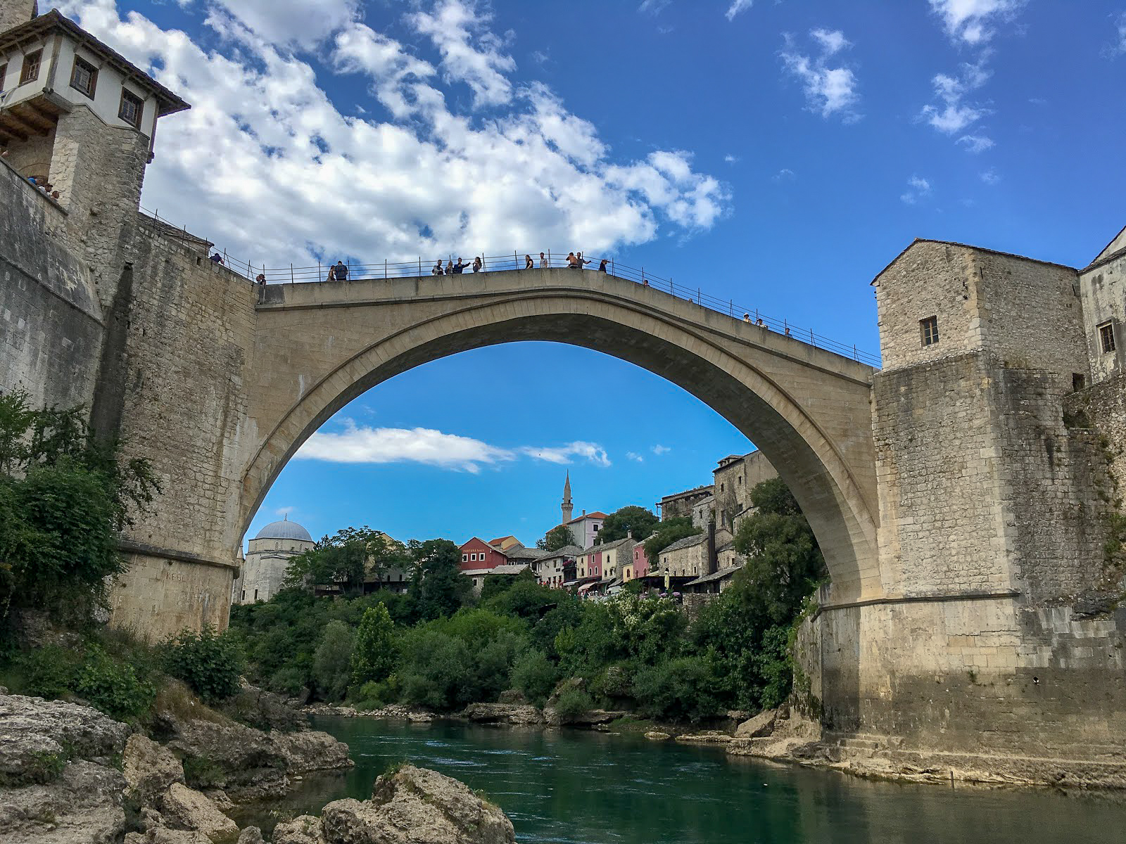 Looking up from the Neretva River at Stari Most, Mostar