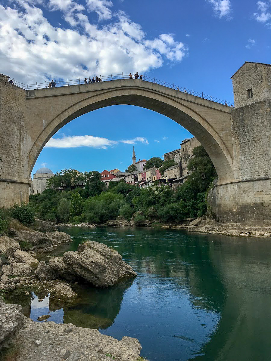 Looking up from the Neretva River at Stari Most, Mostar