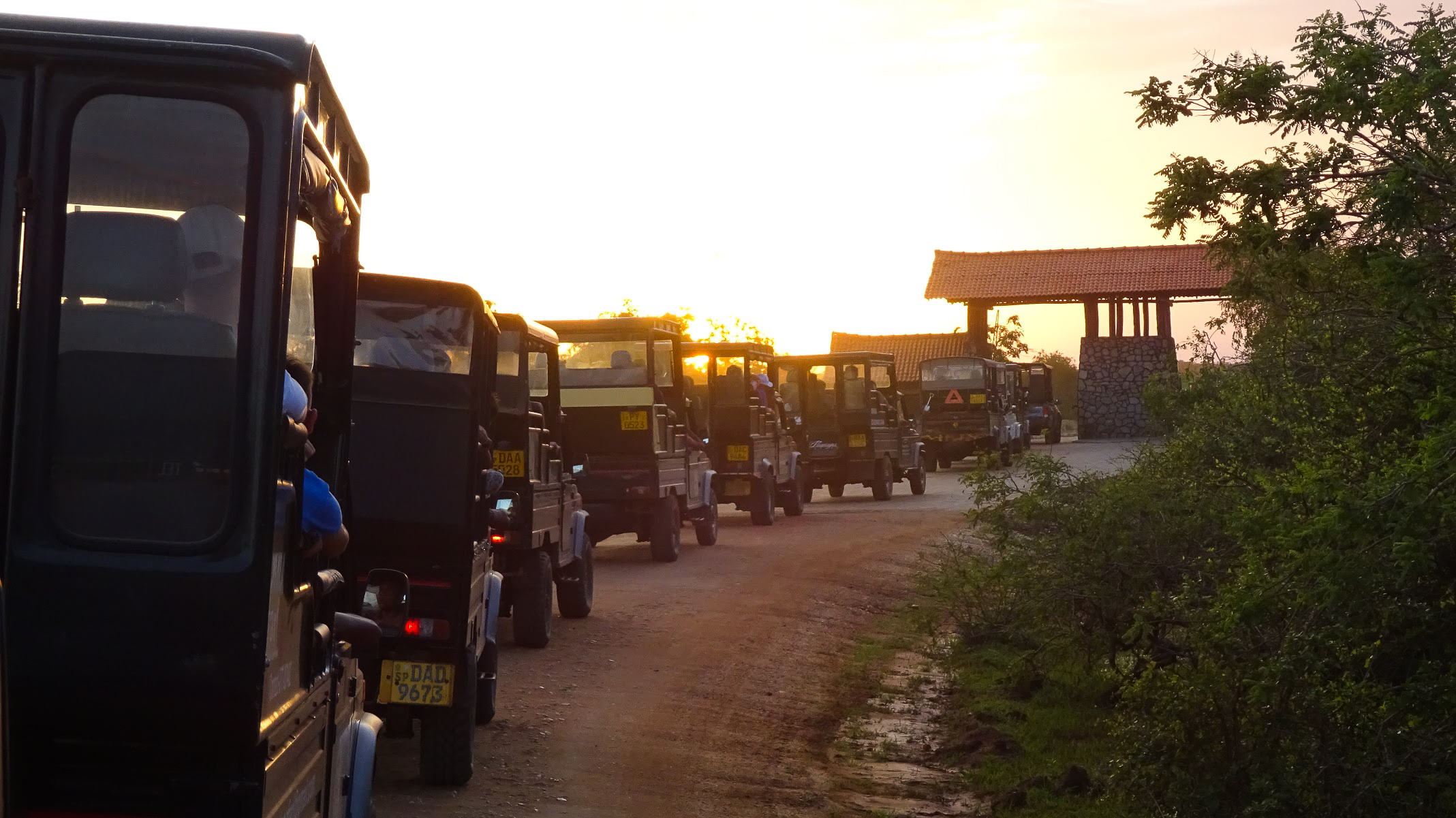 a line of Jeeps at the entrance to Yala National Park, Sri Lanka